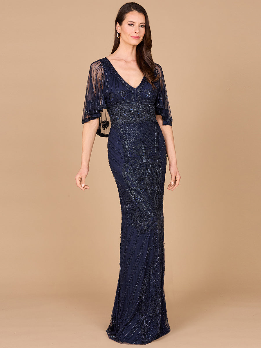 Cape Sleeve V-Neck Beaded Gown
