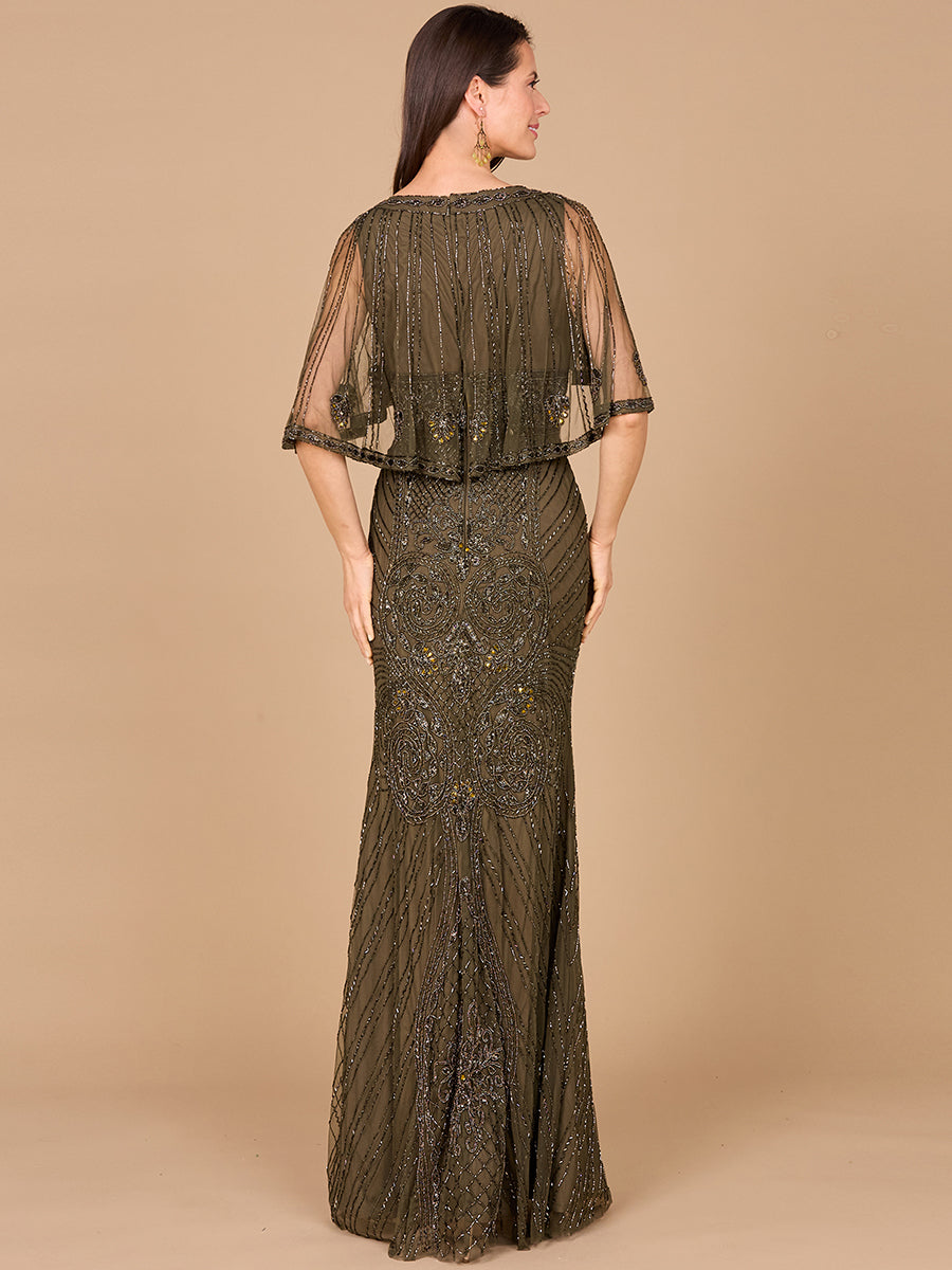 Cape Sleeve V-Neck Beaded Gown