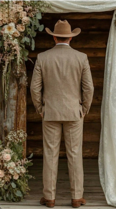 Mens Sharkskin Dark Taupe Tan with sheen Western 3 Piece Suit β Classic Country Style Blazer Vest Pants Set, Formal Cowboy Suit Outfit
