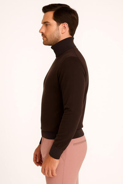 Men's Brown Turtleneck Sweater β Classic Slim Fit Knit Pullover for Fall and Winter