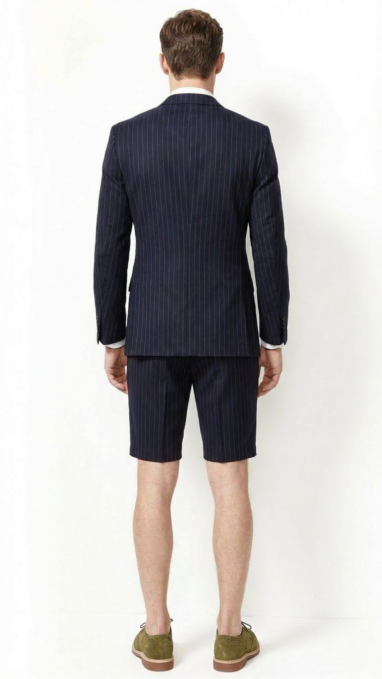 Men’s Dark Navy Blue Pinstripe or Black Pinstripe Summer Business Suit with Shorts Pants Set – Sport Coat Style Formal and Casual Outfit