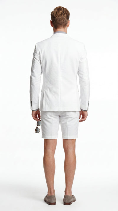 Menβs Cotton Fabric White 2 Piece Summer Suit with Shorts, Casual Beach Wedding and Resort Formal Outfit