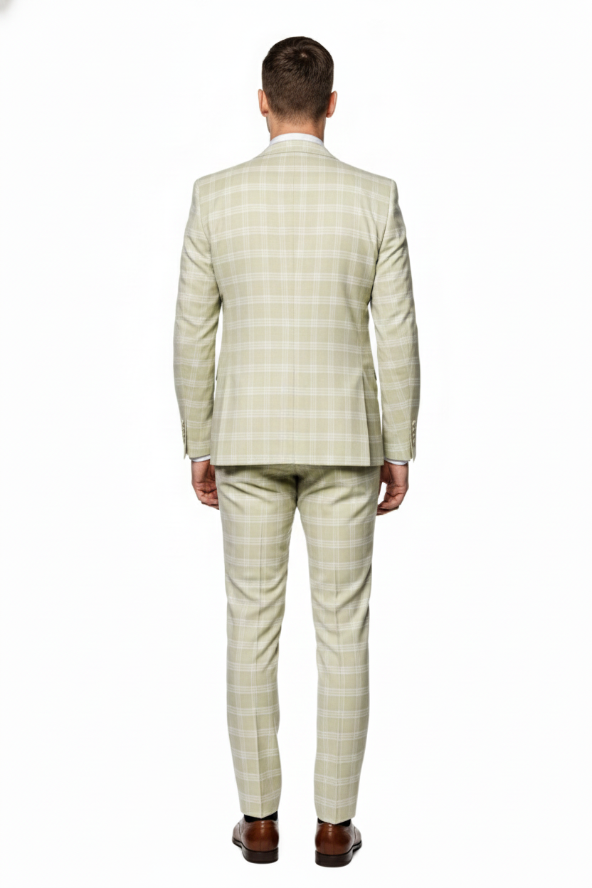 Men’s Light Beige Check 3-Piece Suit Set – Premium Tailored Fit Formal Wedding and Spring Event Suit Light Tan Sand Color By Rossiman