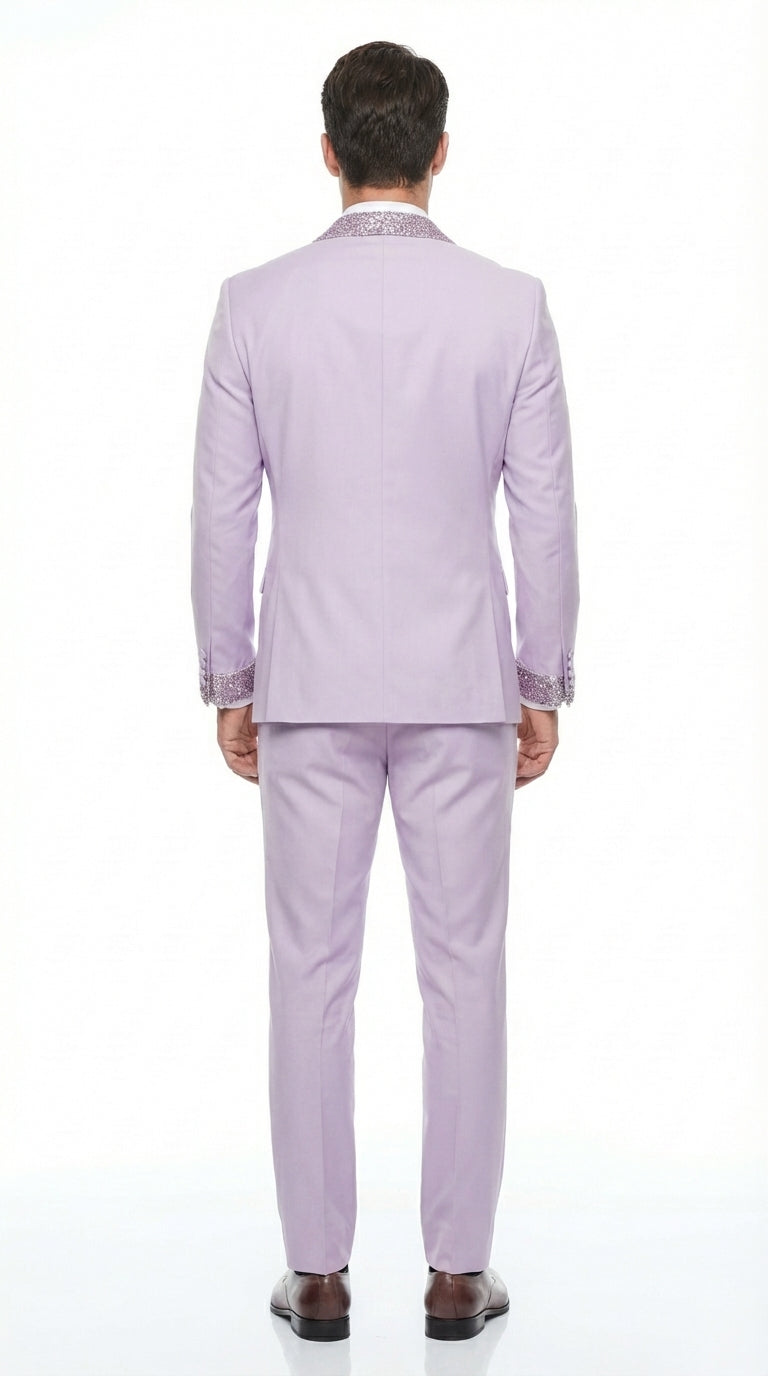 Men’s Lilac Suit with Silver Glitter Sequin Lapel – Lilac and Silver Formal Tuxedo Suit for Prom, Wedding Lavender Tuxedo