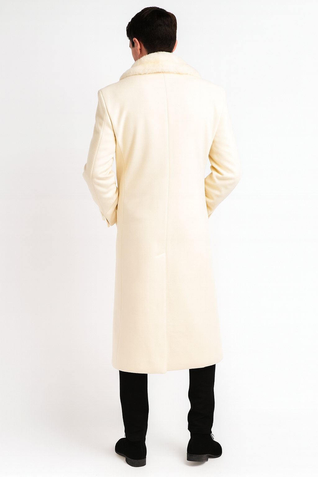 Ivory Full-Length Overcoat with Faux Fur Shawl Collar