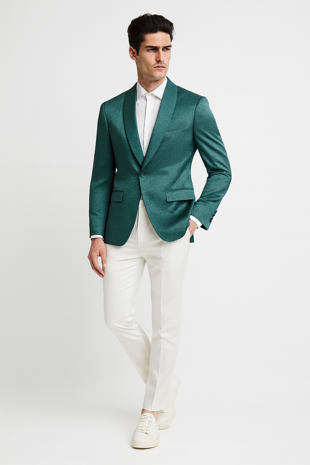 Teal Green Floral Jacquard Slim Tuxedo Blazer