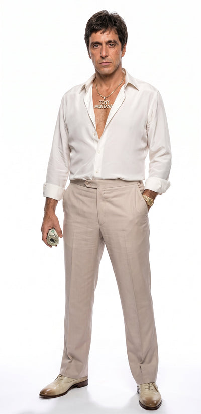 Tony Montanaβs White Linen Shirt and Tan Pants β Menβs White Formal Shirt with Tan Trousers for Party, Wedding and Vintage Style Outfit
