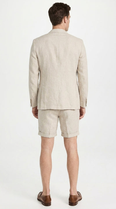 Menβs Tan Linen Suit with Shorts, 2 Piece Summer Short Suit, Casual Beach Wedding Outfit