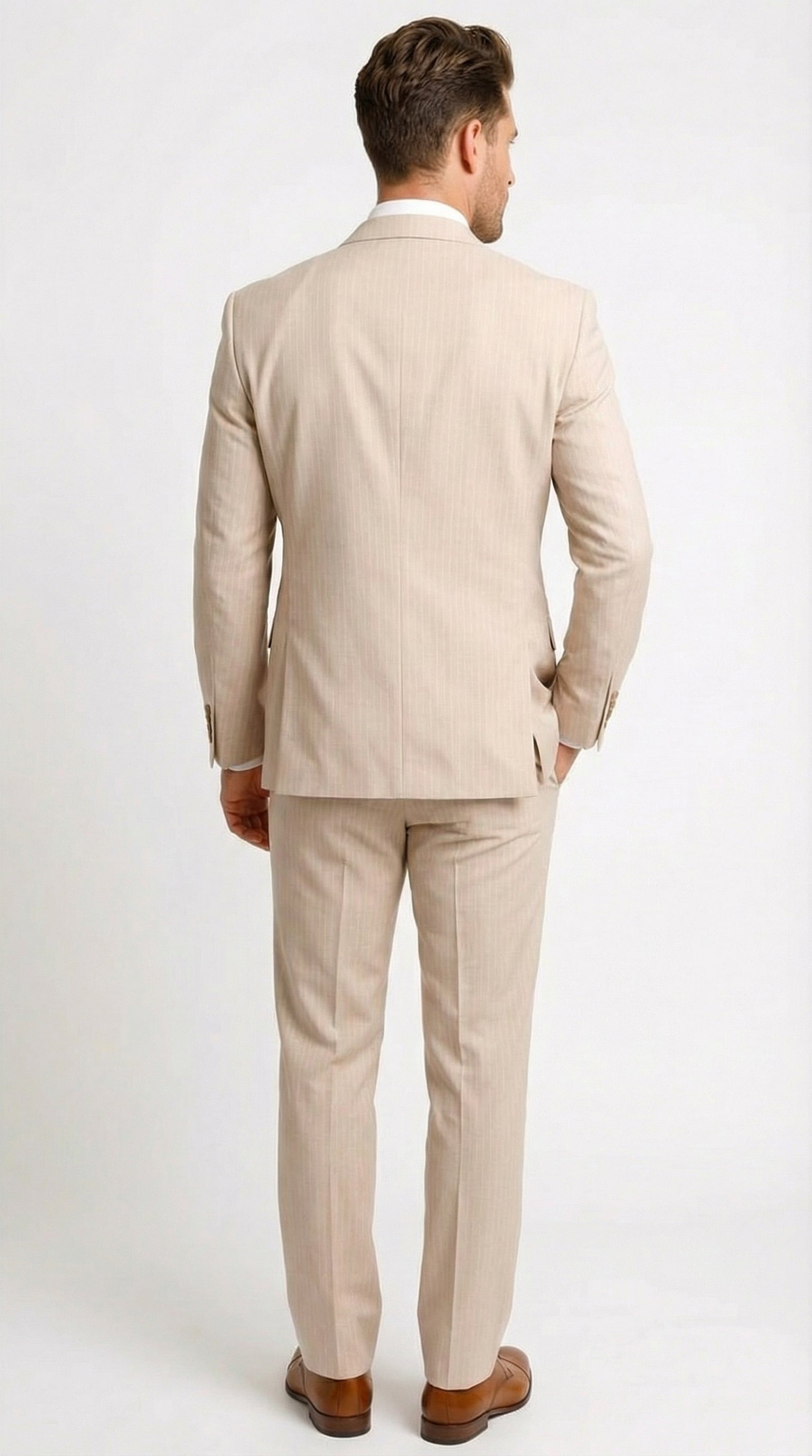 Vitali Men’s Natural Beige Pinstripe Suit – Summer Tan Pinstripe Weddings and Business Wear