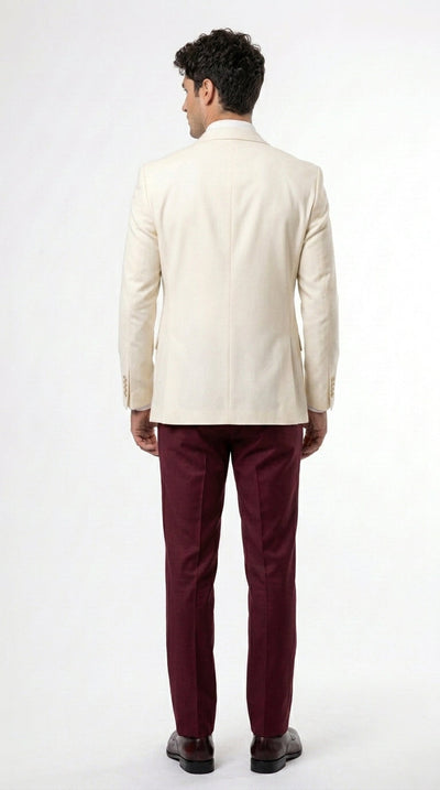 Menβs Cream Ivory and Burgundy 3 Piece Tuxedo Suit, Vested Formal Wedding Prom Dinner Suit in Cream Off White Color
