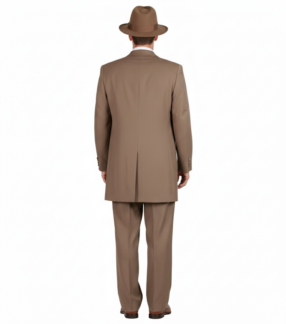 Men’s 1920s Tan Zoot Suit with Fedora Hat and Wingtip Shoes – Vintage Gangster 3-Piece Long Jacket Suit