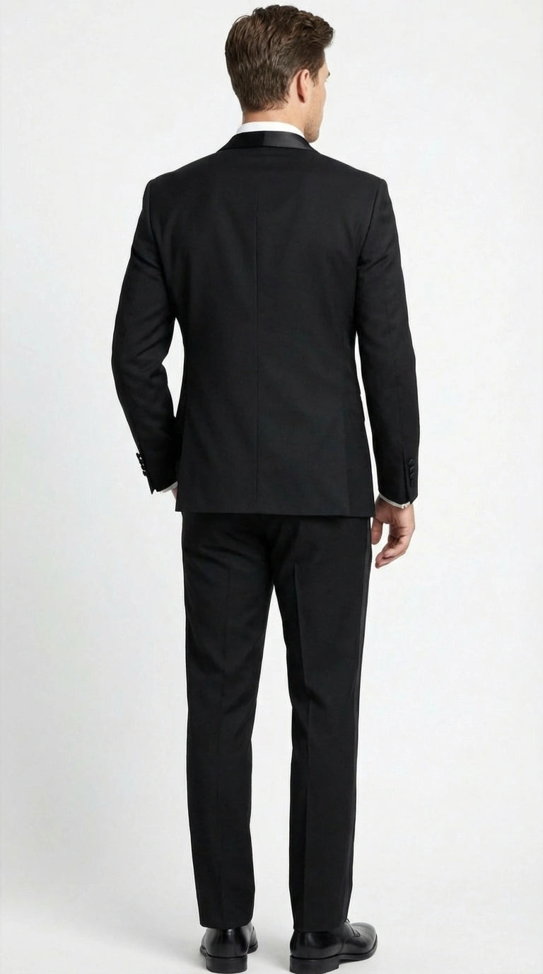 Tiglio Designer Men’s Black Single Button Tuxedo Suit – Formal Black Business and Wedding Suit Shawl Collar Super 150's Wool Fabric