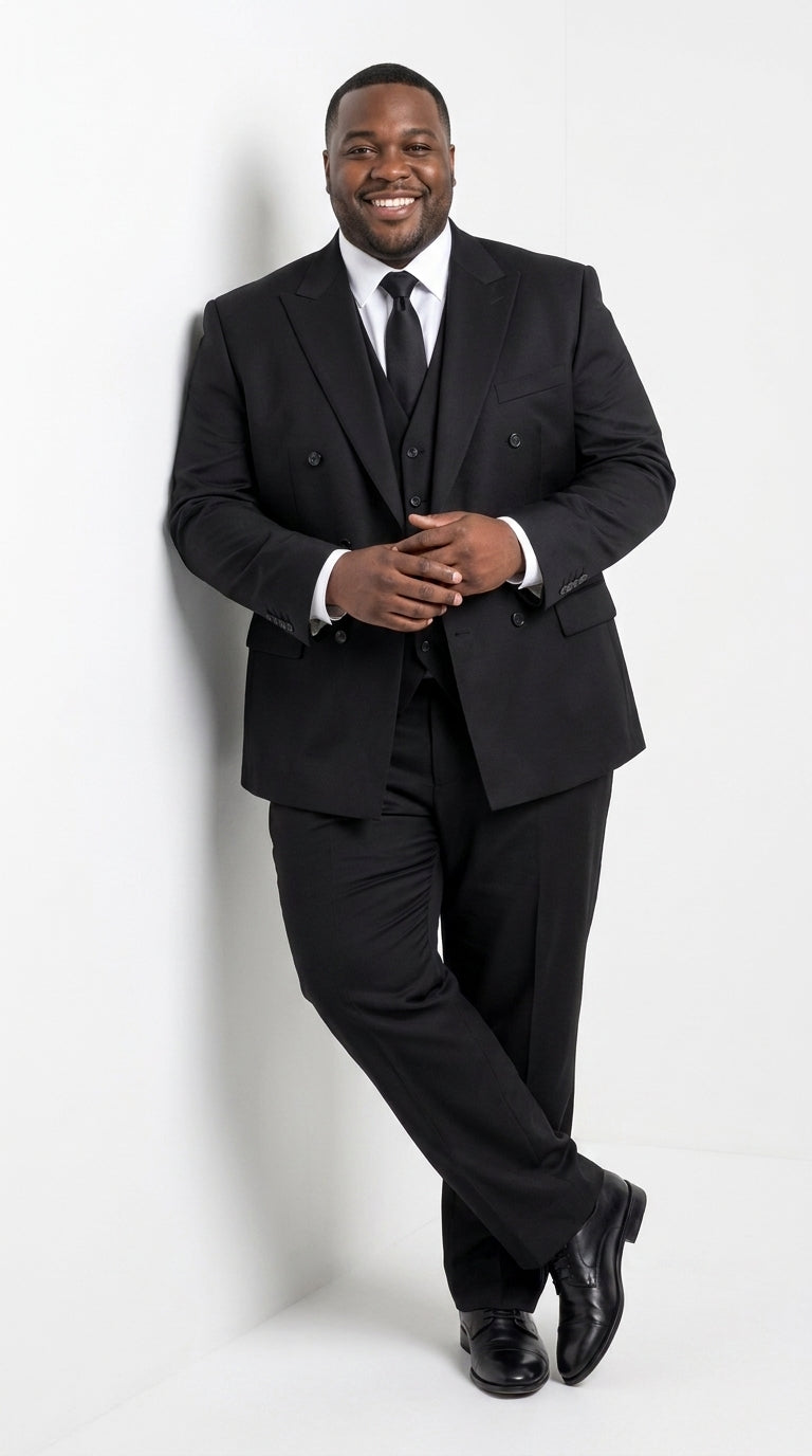 Tiglio Rosso Men’s Black Super 150’s Italian Wool 3-Piece Suit – Double-Breasted Jacket, Vest and Wide-Leg Pleated Pants
