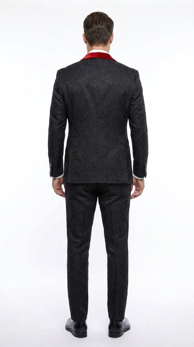 Men’s Black Paisley Tuxedo with Red Velvet Shawl Lapel – 3 Piece Wedding Prom Suit With Matching Bowtie