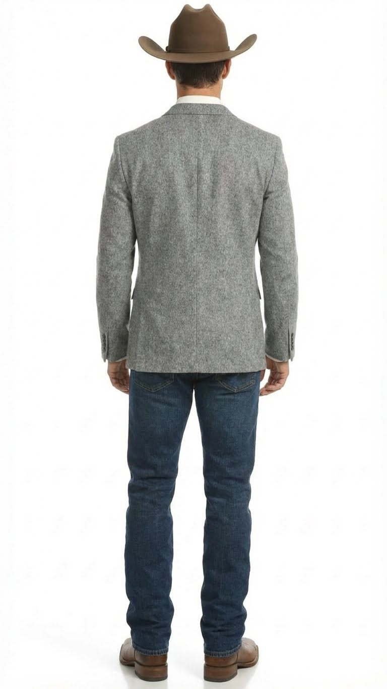 Men's Grey Tweed Herringbone Western Blazer Jacket Style Look, Textured Formal Casual Sport Coat for Jeans