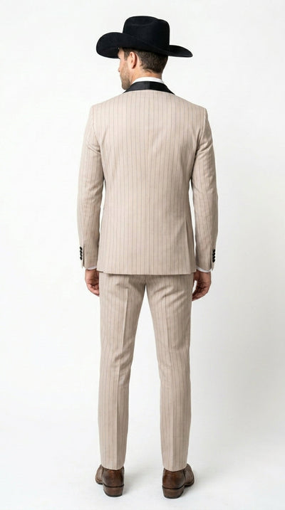 Menβs Beige Pinstripe Western 3 Piece Tuxedo Suit with Black Shawl Lapel, Formal Cowboy Wedding Prom Suit in Tan Khaki Color
