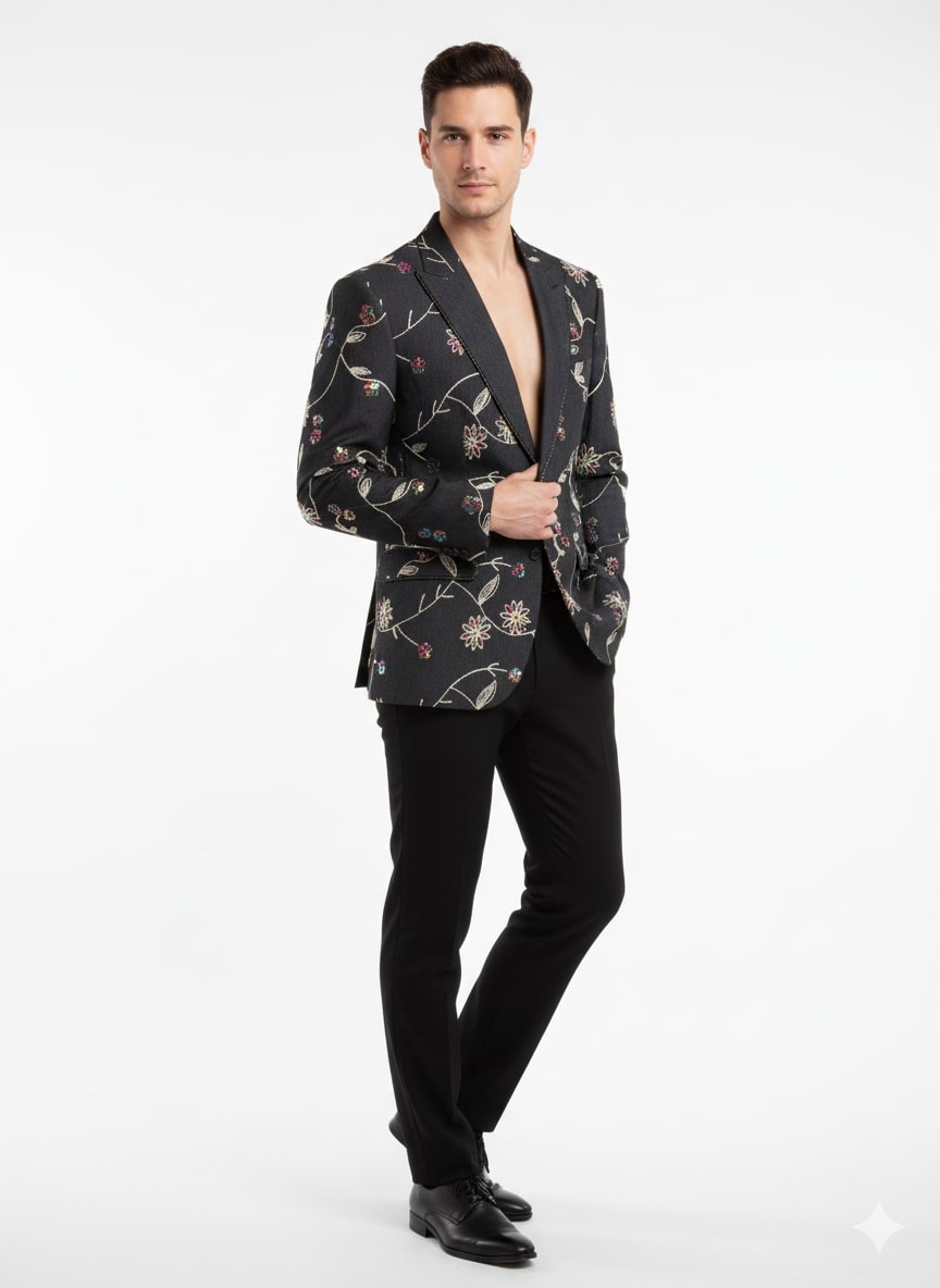Black Floral Embroidered Designer Men's Blazer