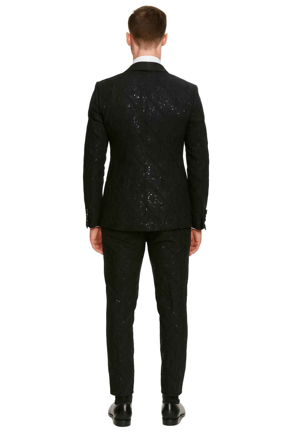Black Sequin Tuxedo Suit with Satin Shawl Lapel – Mens Slim Fit Formal Prom and Wedding Attire