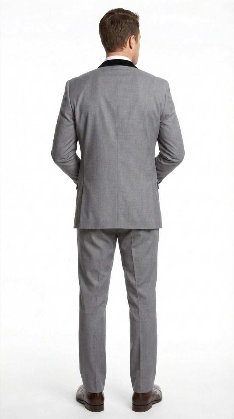 Men’s Light Gray Three Piece Suit with Black Chesterfield Collar – Classic Formal Weddings and Business Suit Set 1920s Vintage
