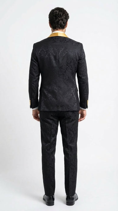 Men’s Black and Gold Jacquard Tuxedo Suit – Luxury Slim Fit Formal Wedding, Prom, and Gala Outfit