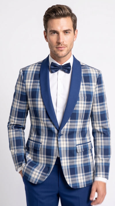 Menβs Tartan Blue Plaid and Solid Blue Tuxedo β Modern Check Pattern Formal Suit for New Year - Christmas - Holiday Jacket with Pants