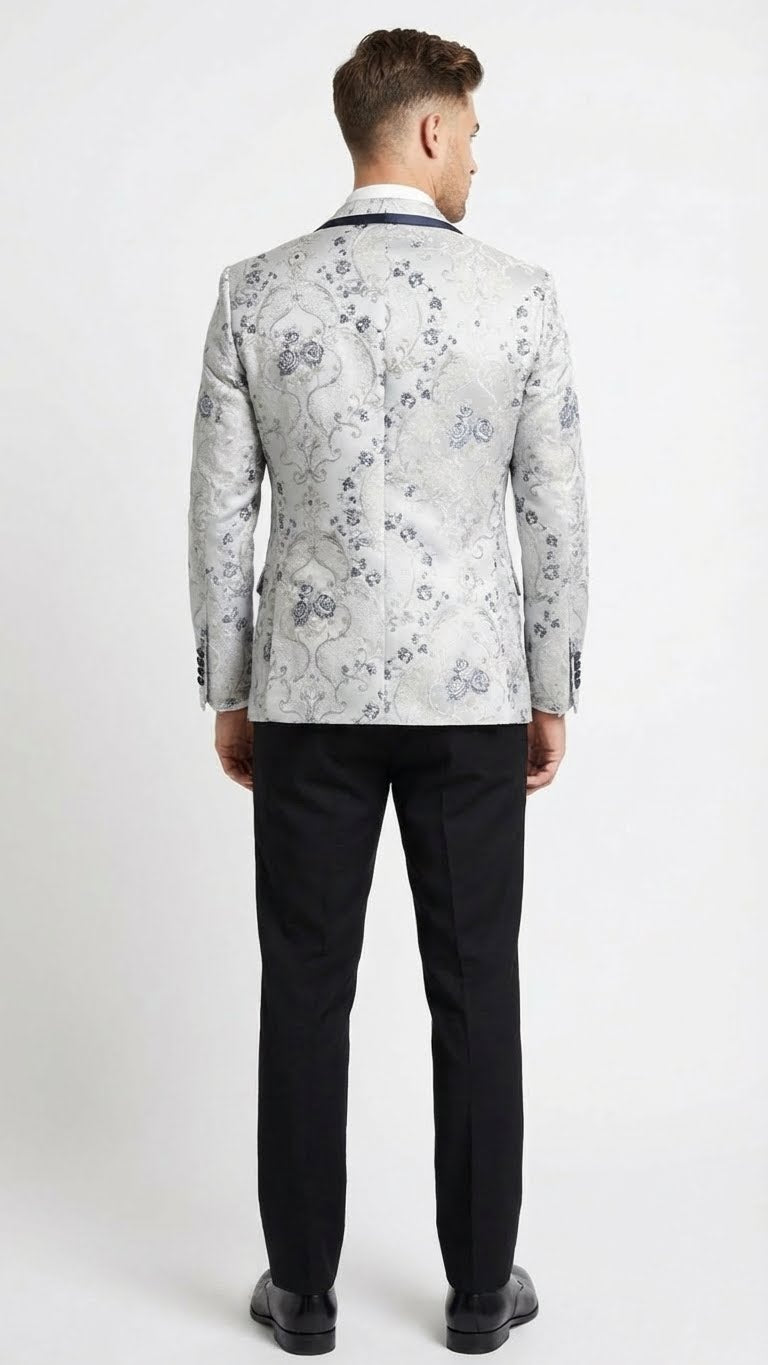 Men’s White and Navy Blue Lapel Floral Jacquard Blazer with Contrast Shawl Lapel – Luxury Wedding and Party Wear Jacket paisley Tuxedo Navy Pants