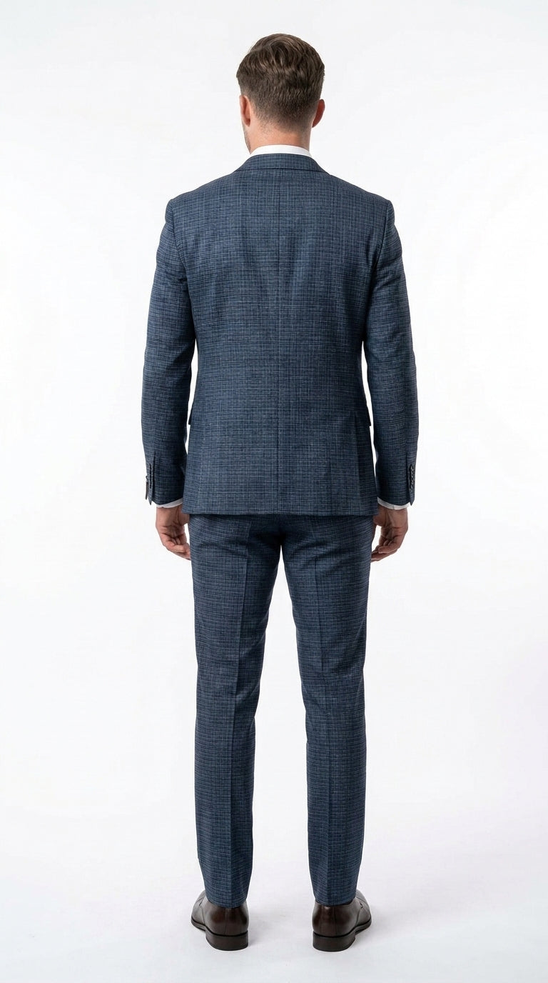 Men's Blue Micro Check Hounstooth small windowpane plaid 3-Piece Suit – Vested Slim Fit Business, Wedding & Formal Suit