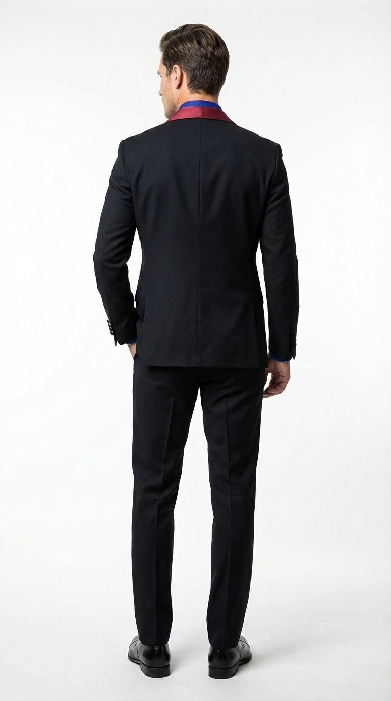 Men’s Black Suit with Burgundy Shawl Lapel – Formal Tuxedo Suit for Wedding, Prom and Evening Events + Bowtie & Tie