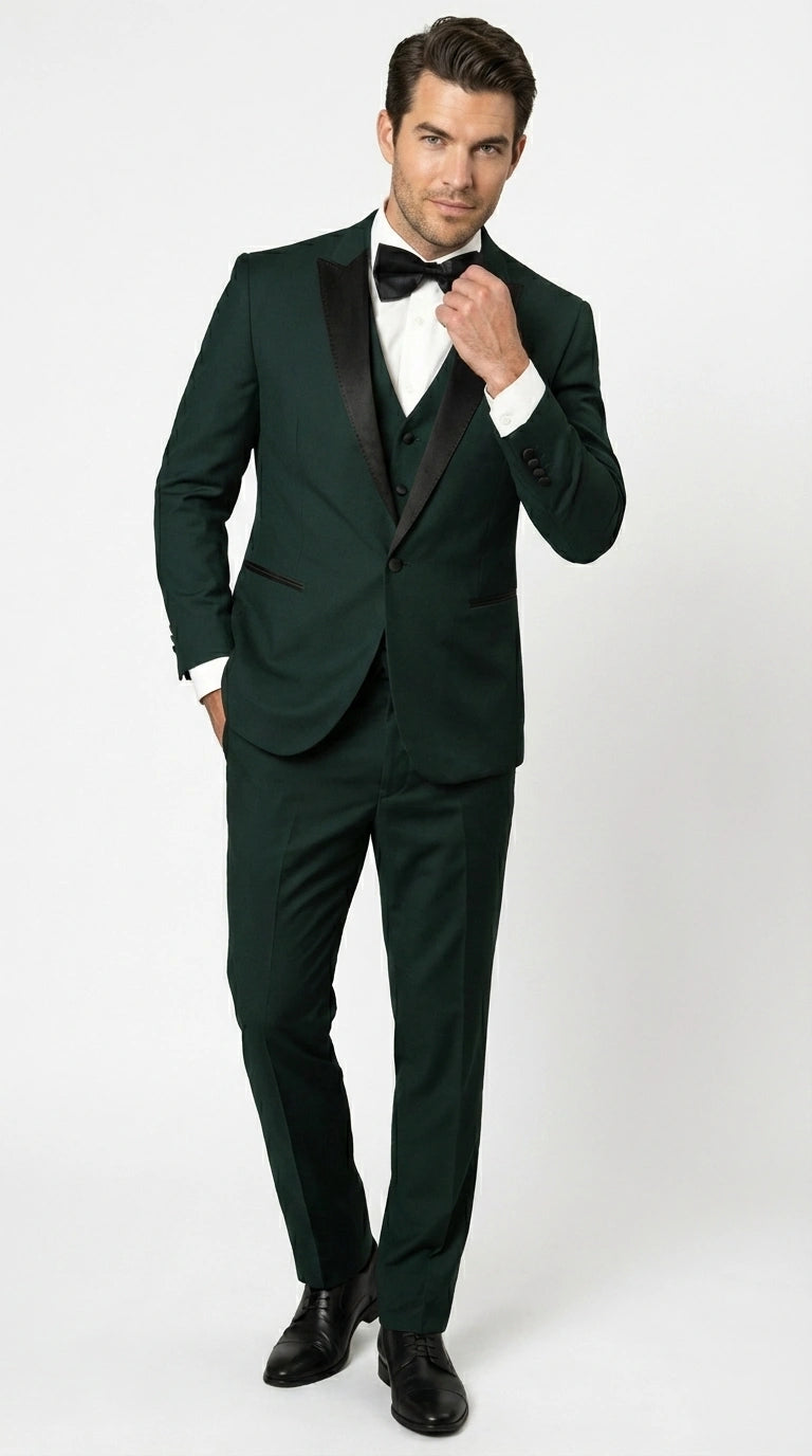 Men’s Hunter Green Tuxedo Suit 3 Piece – One Button Peak Lapel Designer Formal Suit for Wedding, Light Weight Wool By Statement Dark Green
