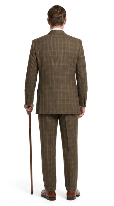 Menβs 1930s Brown Plaid 3 Piece Suit, Vintage Formal Wedding Business Dress Suit Set
