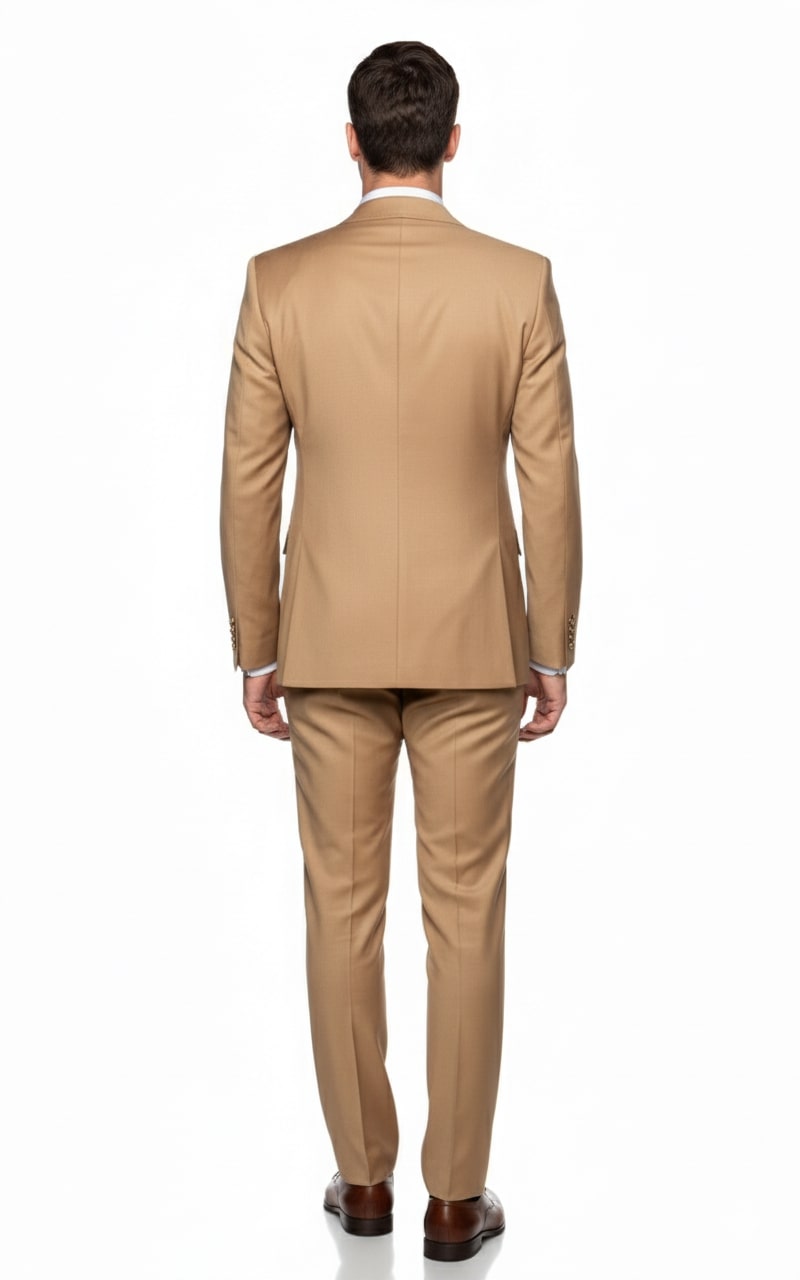 Mens Camel - Bronze - Goldish khaki Double-Breasted Suit – Luxury 2-Piece Formal Set with Gold Buttons and Peak Lapels by Rossi Man