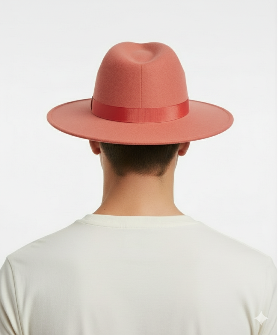 Coral Pink Wool Felt Fedora with Red Ribbon
