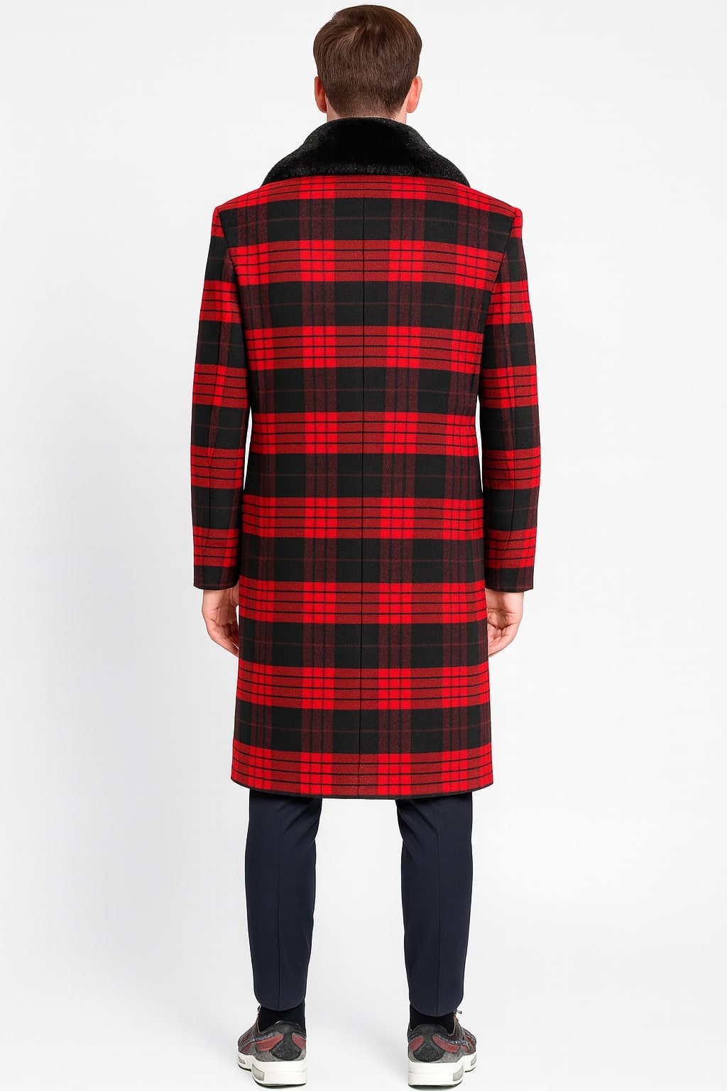 Tartan Christmas New Year Holiday Mens Red and Black Plaid Wool Overcoat with Black Faux Fur Shawl Collar – Double-Breasted Winter Coat - Tartan Design