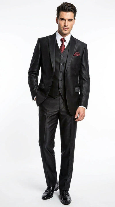 Menβs Black Shiny 3 Piece Tuxedo Groom Suit, Formal Vest Suit for Weddings, Prom, Black Tie Events, Black Lapel