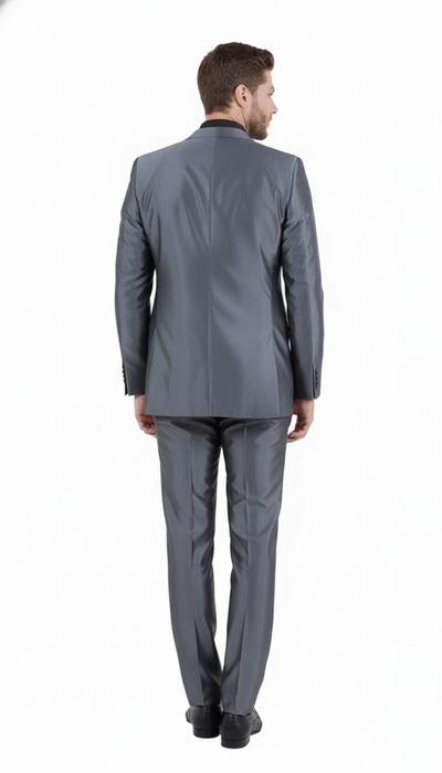 Men’s Dark Grey Shiny Two-Piece Suit – Slim Fitted Formal Jacket and Tailored Pants - Sateen Metalic in Charcoal Gray Color