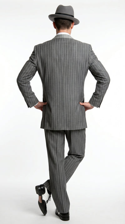 Menβs Grey Pinstripe 1920s Gangster 3 Piece Suit, Contrast Lapel Vintage Formal Suit for Parties, Prom, Weddings, and Theme Events
