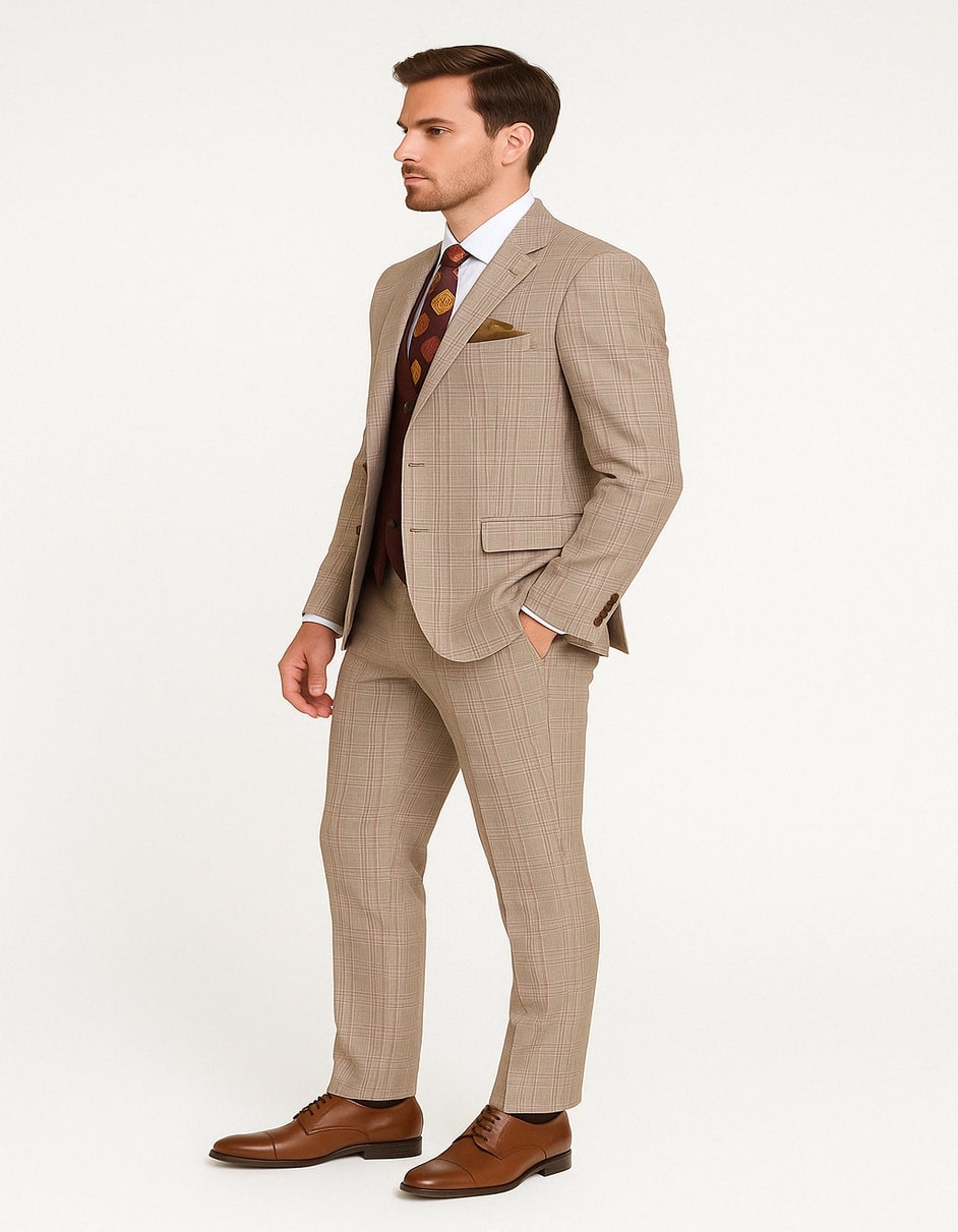 Light Brown Plaid Suit with Burgundy Vest & Floral Tie