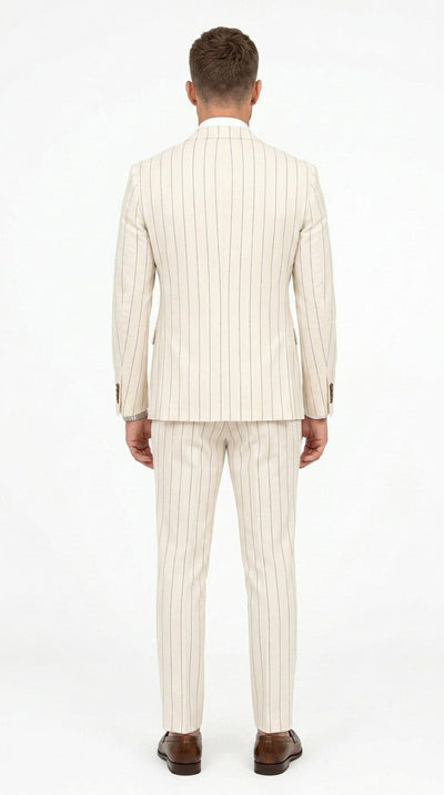 Menβs Cream Off White Pinstripe Linen Pinstripe 2 Piece Double Breasted Suit, Summer Wedding Ivory Color By Vitali