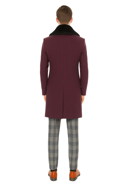 Mens Purple Wool Overcoat with Black Faux Fur Collar – Luxury Winter Dress Coats for Formal and Casual Wears