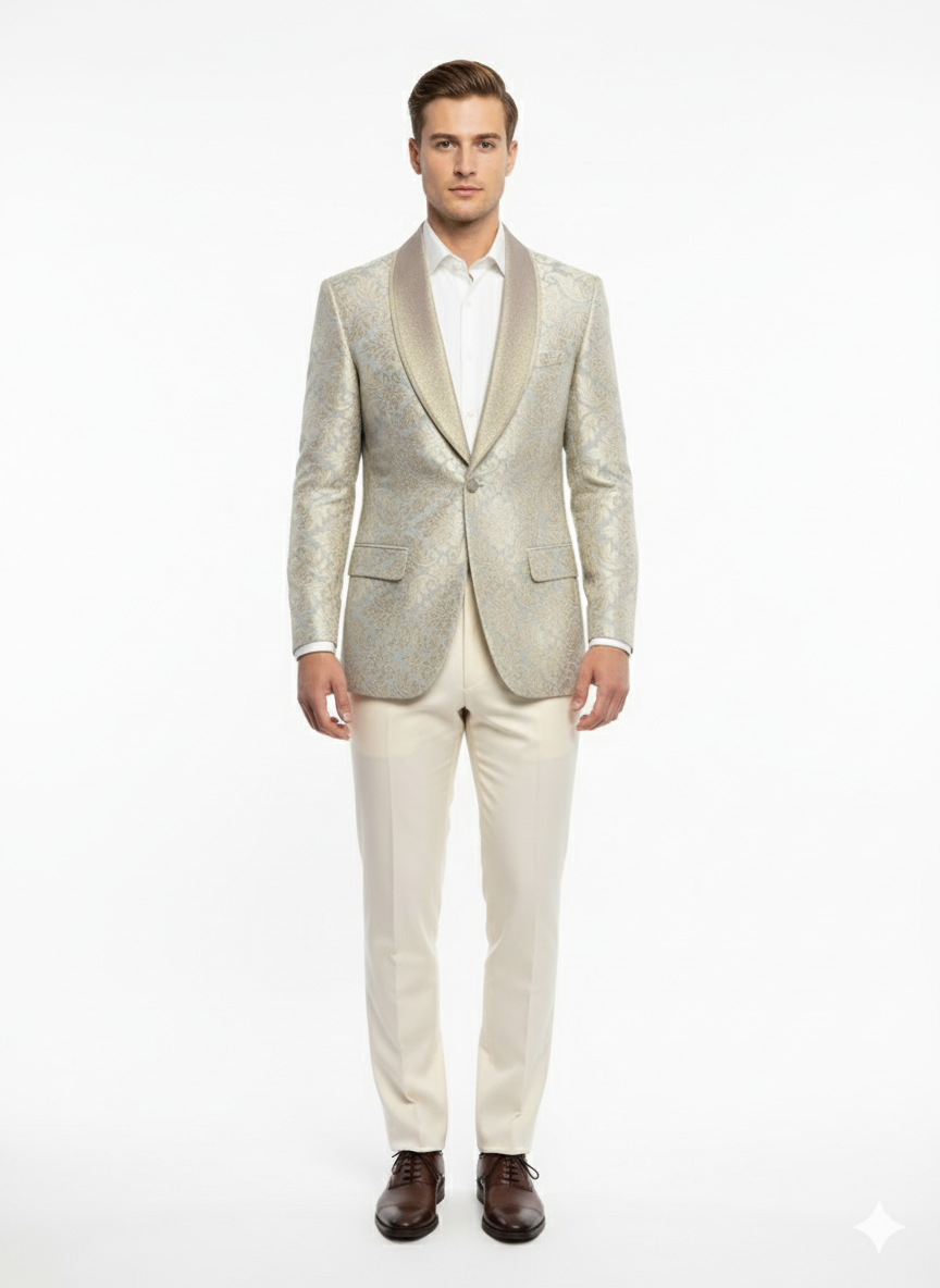 Champaign Silver & Cream Embroidered Luxury Blazer