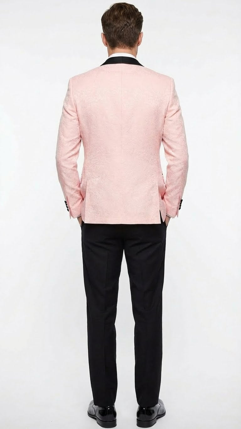 Men’s Blush Pink Tuxedo Suit Set with Black Shawl Lapel – 3 Piece Formal Wedding and Party Prom Vest + Black Pants