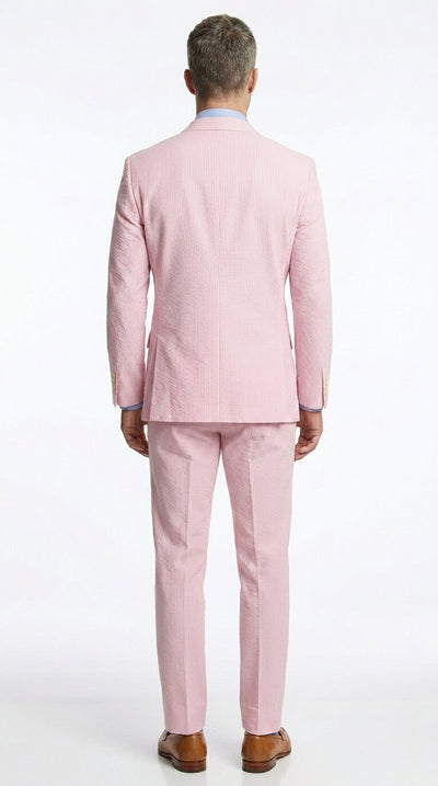 Menβs Pink Seersucker 2 Piece Suit, Lightweight Summer Dress Suit for Weddings, Prom, Parties, and Special Occasions