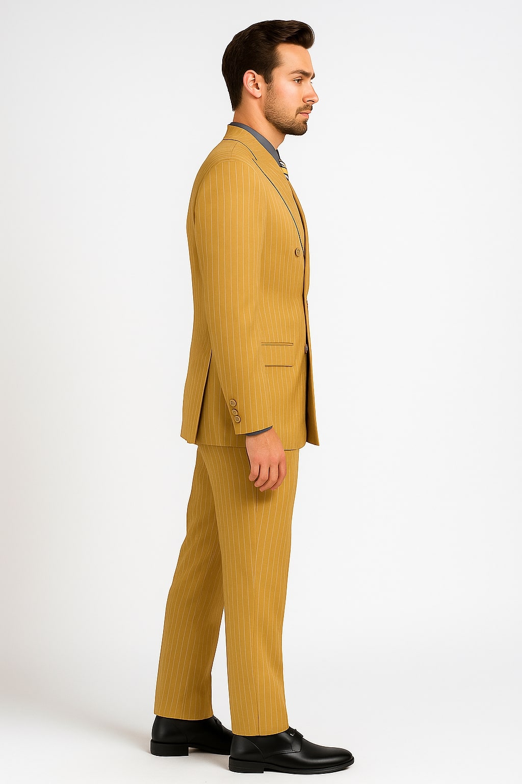 Mens Camel Tan Pinstripe Double-Breasted Suit – Bold 6-Button Modern Vintage Style