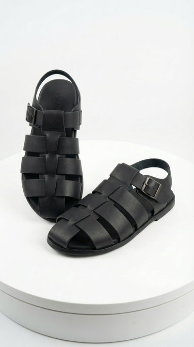 Mens Black Leather Sandals β Buckle Strap Casual Summer Shoes Breathable Open Toe Comfort Footwear