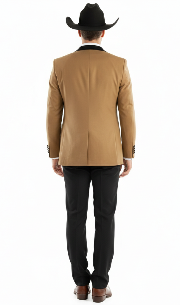 Men’s Western Cowboy Tuxedo – Tan and Black 3-Piece Suit with Satin Lapel and Vest in Mocca Coffee Color