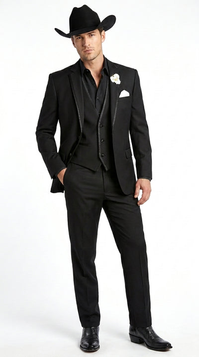 Menβs Black Western Tuxedo Suit, 3 Piece Cowboy Formal Wedding Prom Suit with Satin Trim