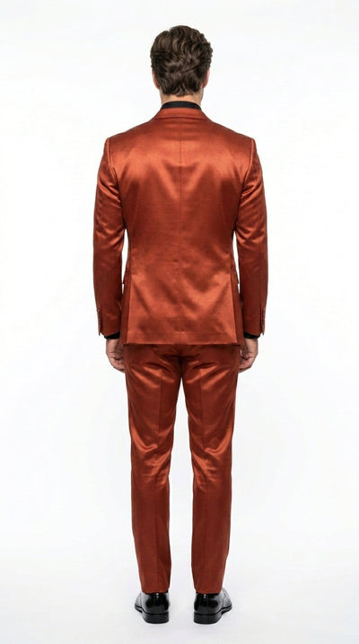 Menβs Rust Copper Coganc Shiny Sateen 3 Piece Suit, Vested Formal Wedding Prom Suit Set Ultra Slim Fit