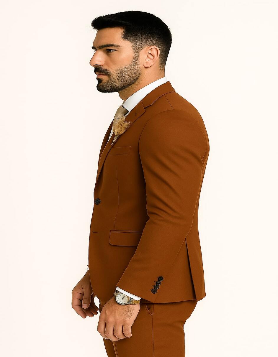 Rust Brown Slim Fit Groom Suit for Fall