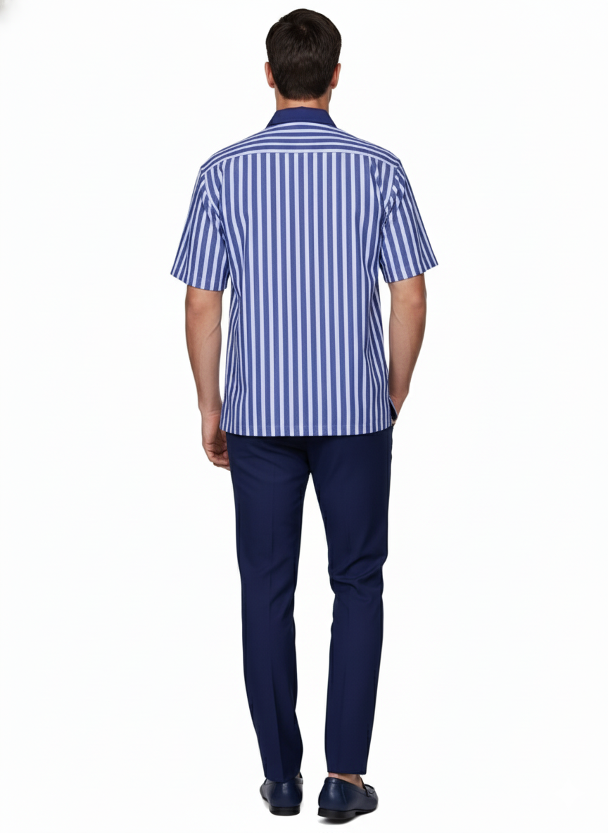 Blue White Stripe Shirt Set Short Sleeve - Summer Two-Piece