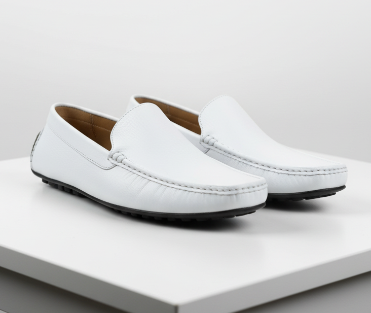 Men’s Mundo White Leather Loafers – Classic Slip-On Dress Shoes for Casual and Formal Wear